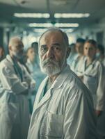 a man in a lab coat standing in a hospital hallway photo