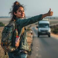 a woman with a backpack and a thumb up is standing on the side of the road photo