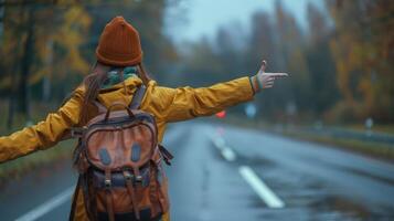 a woman with a backpack on the side of the road photo