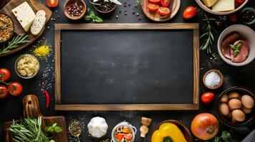 a blackboard with various ingredients and ingredients on a black background photo