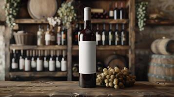 a bottle of wine sits on a wooden table in front of a wine rack photo