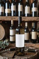 a bottle of wine sits on a wooden barrel photo