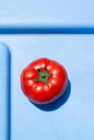 A photo of a tomato with a hard light, on an abstract blue background, for use in stylish designs about the food business