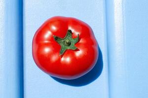 A photo of a tomato with a hard light, on an abstract blue background, for use in stylish designs about the food business