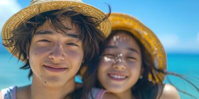 portrait of happy Japanese teens relaxing on Okinawa beach. photo