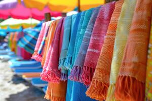 colorful bright beach towels . photo
