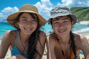 portrait of happy Japanese teens relaxing on Okinawa beach. photo