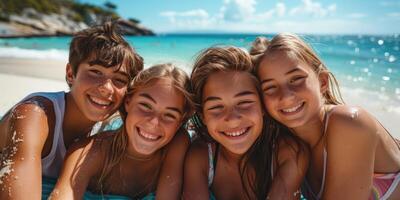 portrait of happy European teens relaxing on Okinawa beach. photo