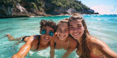 portrait of happy European teens relaxing on Okinawa beach. photo