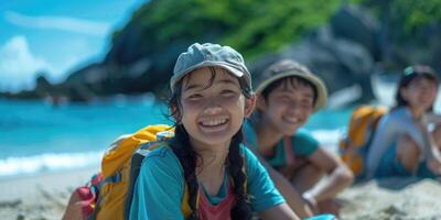 portrait of happy Japanese teens relaxing on Okinawa beach. photo