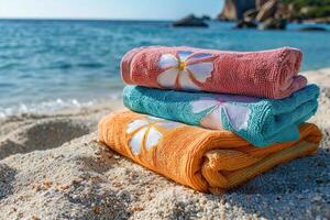 colorful bright beach towels . photo