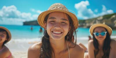 portrait of happy Japanese teens relaxing on Okinawa beach. photo