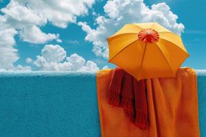 colorful bright beach towel and umbrella on sky background. photo