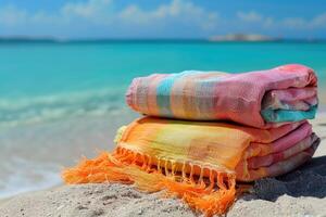 colorful bright beach towels . photo