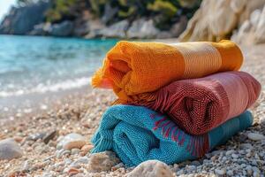 colorful bright beach towels . photo