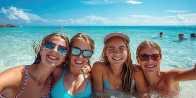 portrait of happy European teens relaxing on Okinawa beach. photo