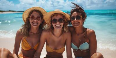 portrait of happy European teens relaxing on Okinawa beach. photo