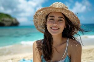 portrait of happy Japanese woman relaxing on Okinawa beach. photo