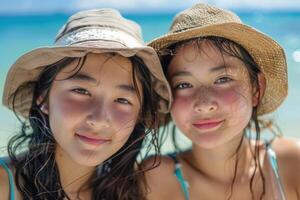 portrait of happy Japanese teens relaxing on Okinawa beach. photo