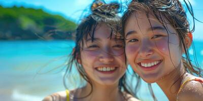 portrait of happy Japanese teens relaxing on Okinawa beach. photo