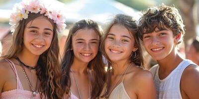 Multicultural group of young friends bonding outdoors and having fun. photo