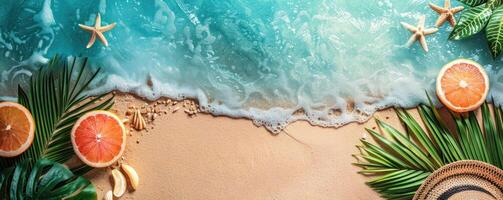 tropical flat lay with beach and sea waves, palm leaves and refreshing fruit. photo