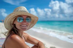 portrait of happy Japanese woman relaxing on Okinawa beach. photo