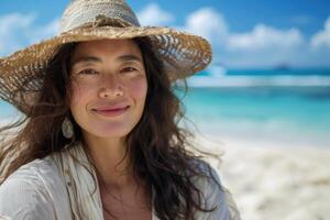 portrait of happy Japanese woman relaxing on Okinawa beach. photo