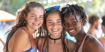 Multicultural group of young friends bonding outdoors and having fun. photo