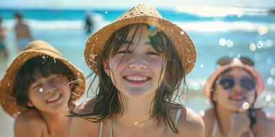 portrait of happy Japanese teens relaxing on Okinawa beach. photo