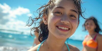 portrait of happy Japanese teens relaxing on Okinawa beach. photo