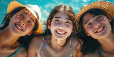 portrait of happy Japanese teens relaxing on Okinawa beach. photo