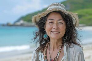 portrait of happy Japanese woman relaxing on Okinawa beach. photo