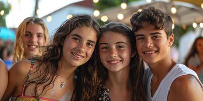 Multicultural group of young friends bonding outdoors and having fun. photo