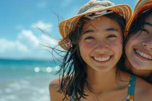 portrait of happy Japanese teens relaxing on Okinawa beach. photo