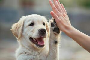 Funny dog doing high five with the owner. photo