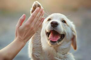 Funny dog doing high five with the owner. photo
