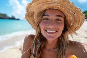 portrait of happy Japanese woman relaxing on Okinawa beach. photo