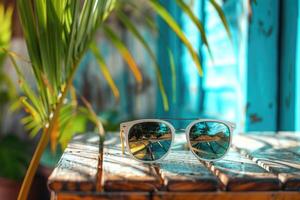 sunglasses and tropical leaves. photo