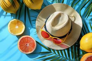 tropical flat lay with sunglasses, palm leaves and refreshing fruit. photo