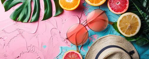 tropical flat lay with sunglasses, palm leaves and refreshing fruit. photo