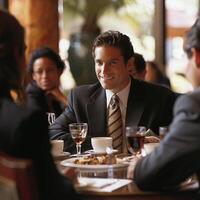 business team talking at meeting table in office conference room, photo