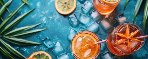 tropical flat lay with palm leaves and refreshing drinks. photo
