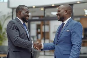 Two professional business men executive leaders shaking hands at office meeting, photo