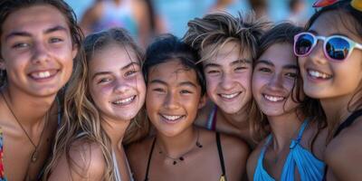 Multicultural group of young friends bonding outdoors and having fun. photo