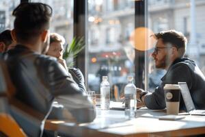 Wide shot of business team talking at meeting table in office conference room, photo
