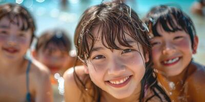 portrait of happy Japanese teens relaxing on Okinawa beach. photo