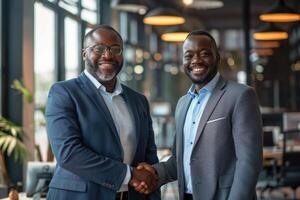 Two professional business men executive leaders shaking hands at office meeting, photo