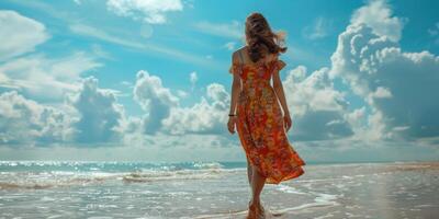 portrait of happy Japanese woman relaxing on Okinawa beach. photo