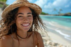 portrait of happy Japanese woman relaxing on Okinawa beach. photo
